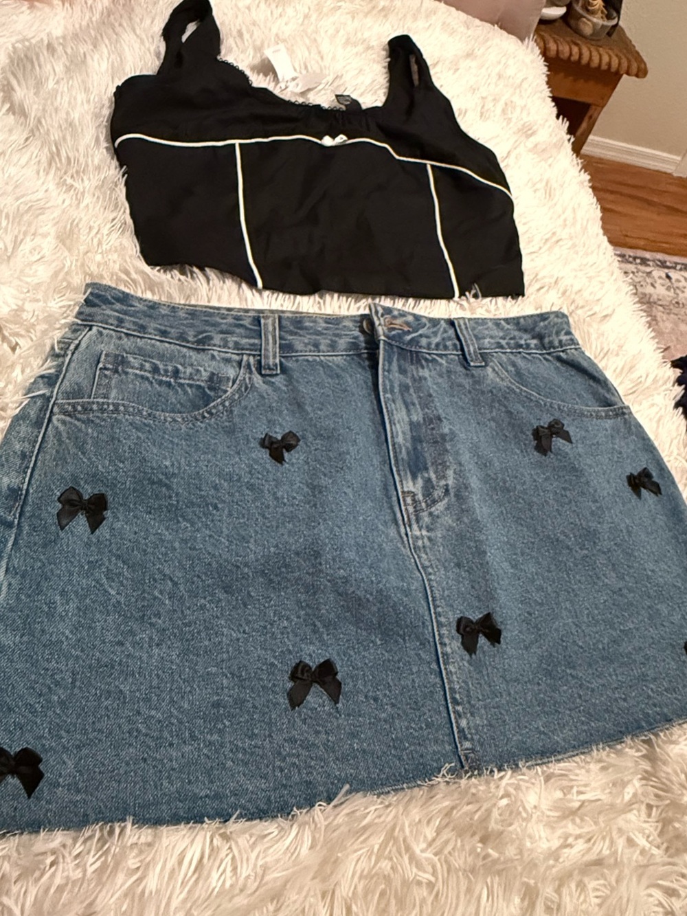 Forever 21 Blue Denim Mini Skirt with Black Bow Appliqués set